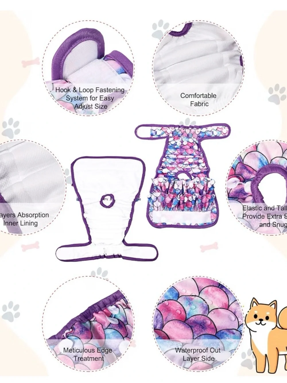 4-pack Reusable Dog Diapers Female Mermaid Pastels Ruffles Size Large Washable